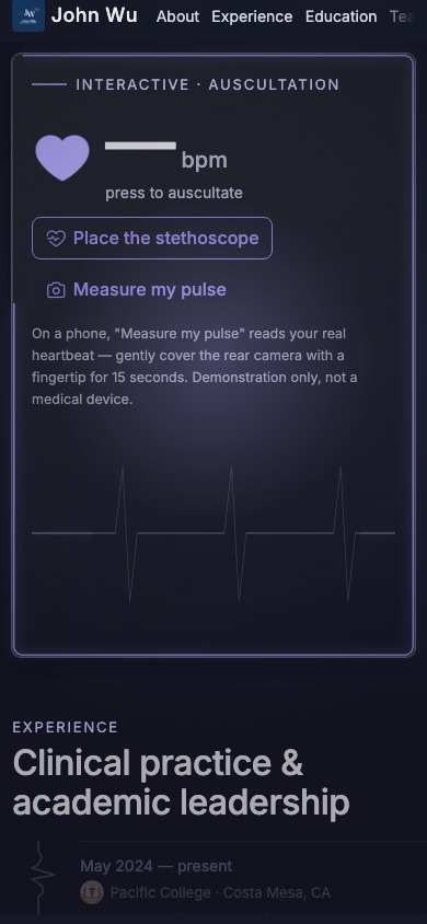 The pulse measurement page on a phone — a live heartbeat drawn on screen