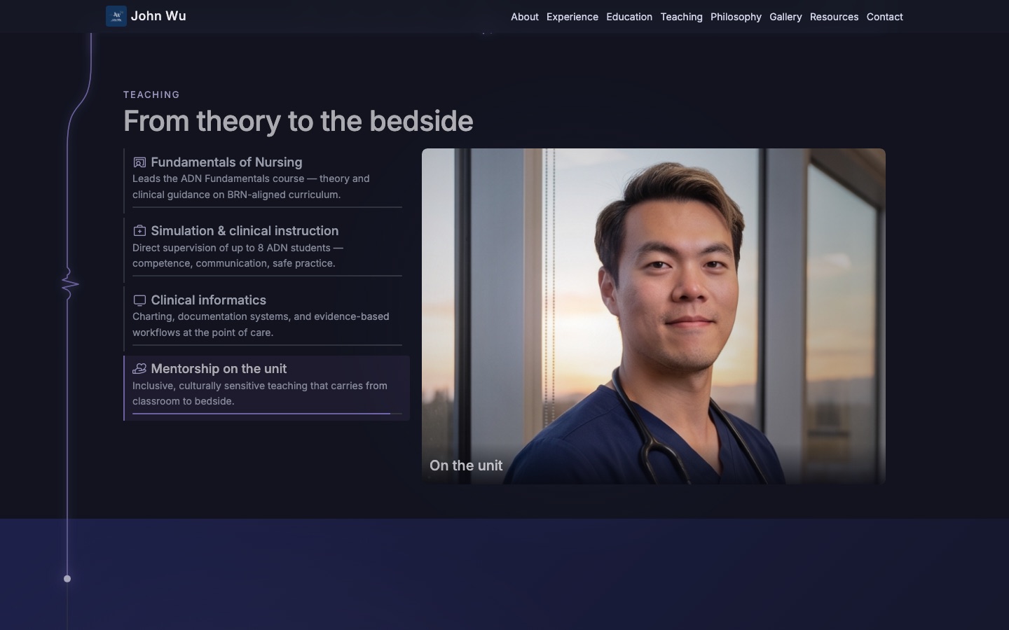 A teaching page on johnwu.academy, lit by the moving beam