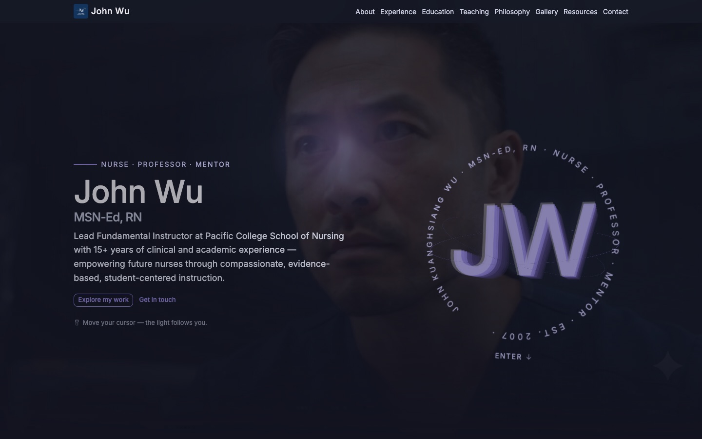 The johnwu.academy touch light — a warm beam following the cursor across the dark page
