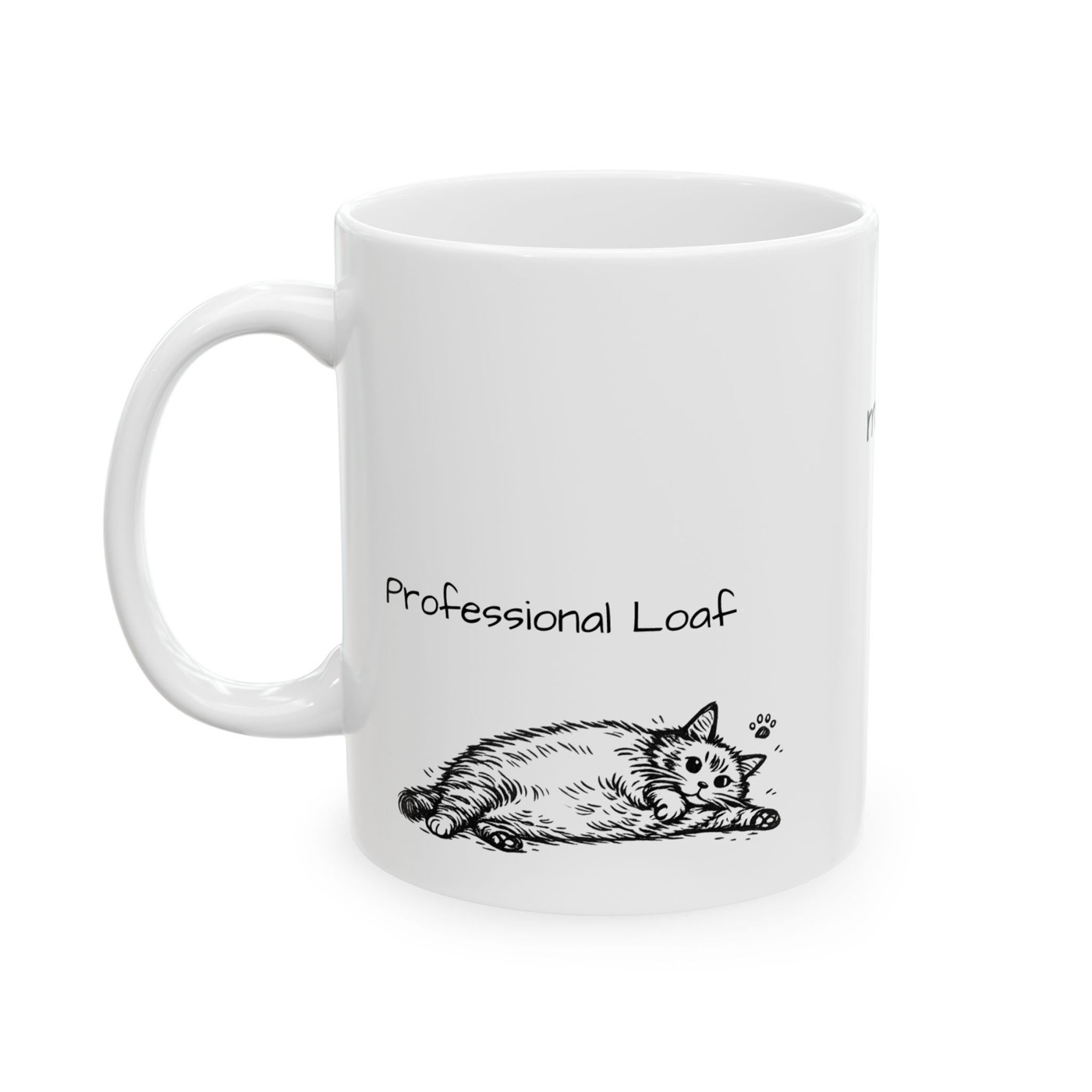 Professional Loaf mug — glossy white ceramic mug with a line-drawn cat flopped on its side, the caption Professional Loaf and a little paw print