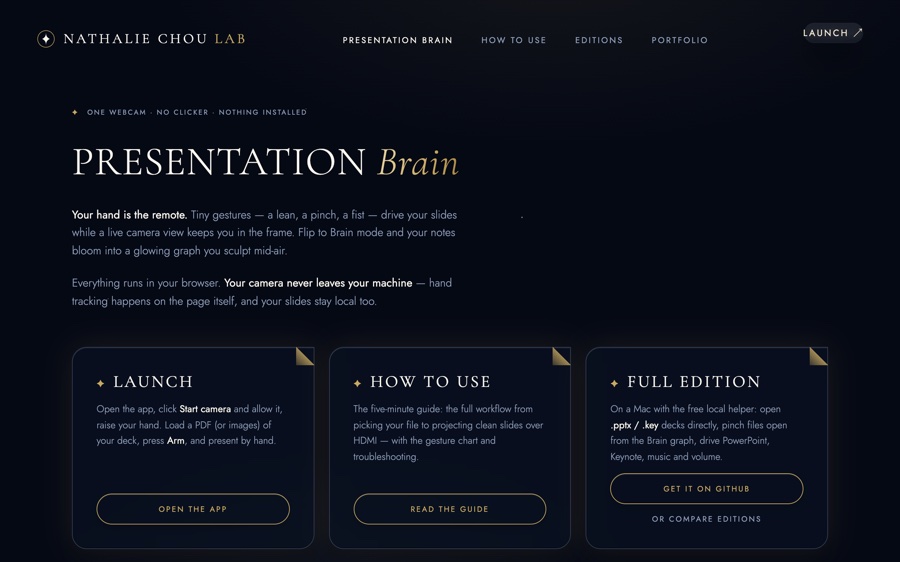 Presentation Brain — a glowing node graph beside a clean slide deck