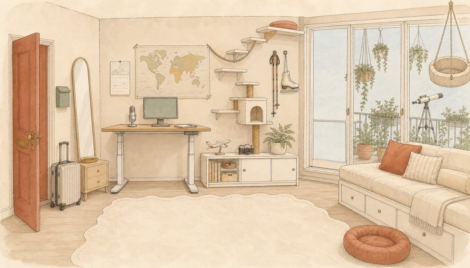 The cats' living room in soft watercolor: a desk beneath a world map, a cat tree climbing to wall shelves, ice skates and ski poles on the wall, hanging plants and a telescope on the balcony, and two empty cat beds waiting.